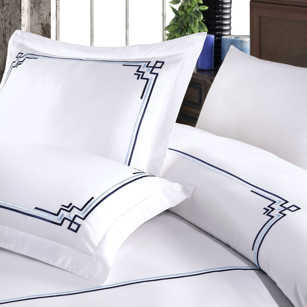 Beautifully Stitched Cotton Bed Linen Set in White-Blue Color – High-Quality Craftsmanship and Durability