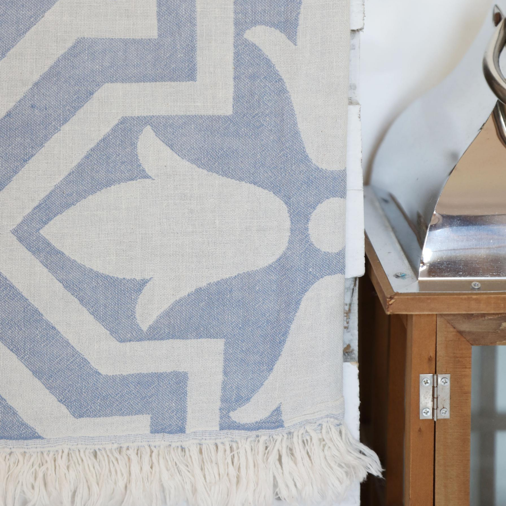 Blue  designs on Turkish peshtemal towel